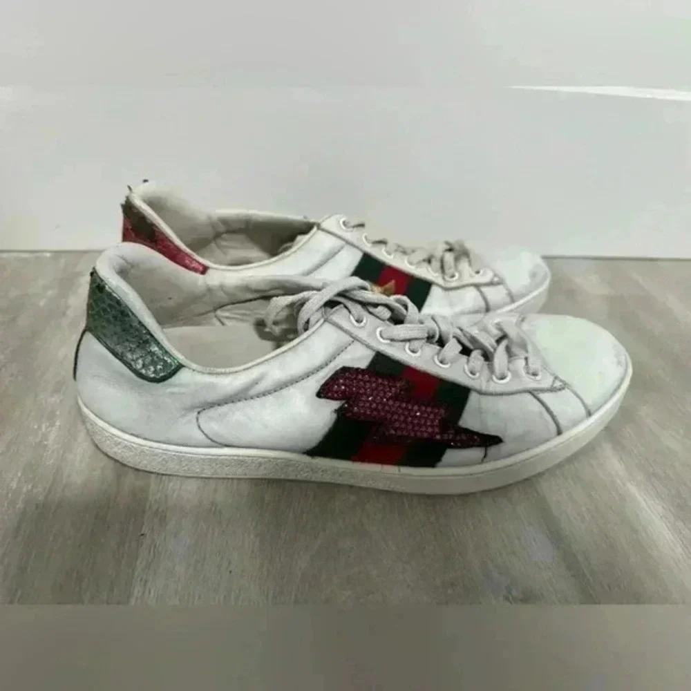 Gucci White Leather And‎ Crystal Embellished Lightning Bolt Ace Low Top Sneakers